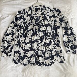 J. Crew Drapey Tie-Neck Blouse Shadow Floral Navy Blue & White